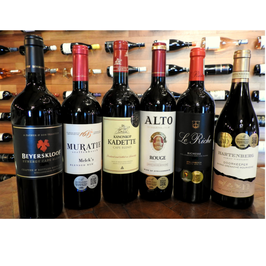 Value red blends mixed case: Beyerskoof, Muratie, Kanonkop, Alto, Le Riche, Hartneberg wines
