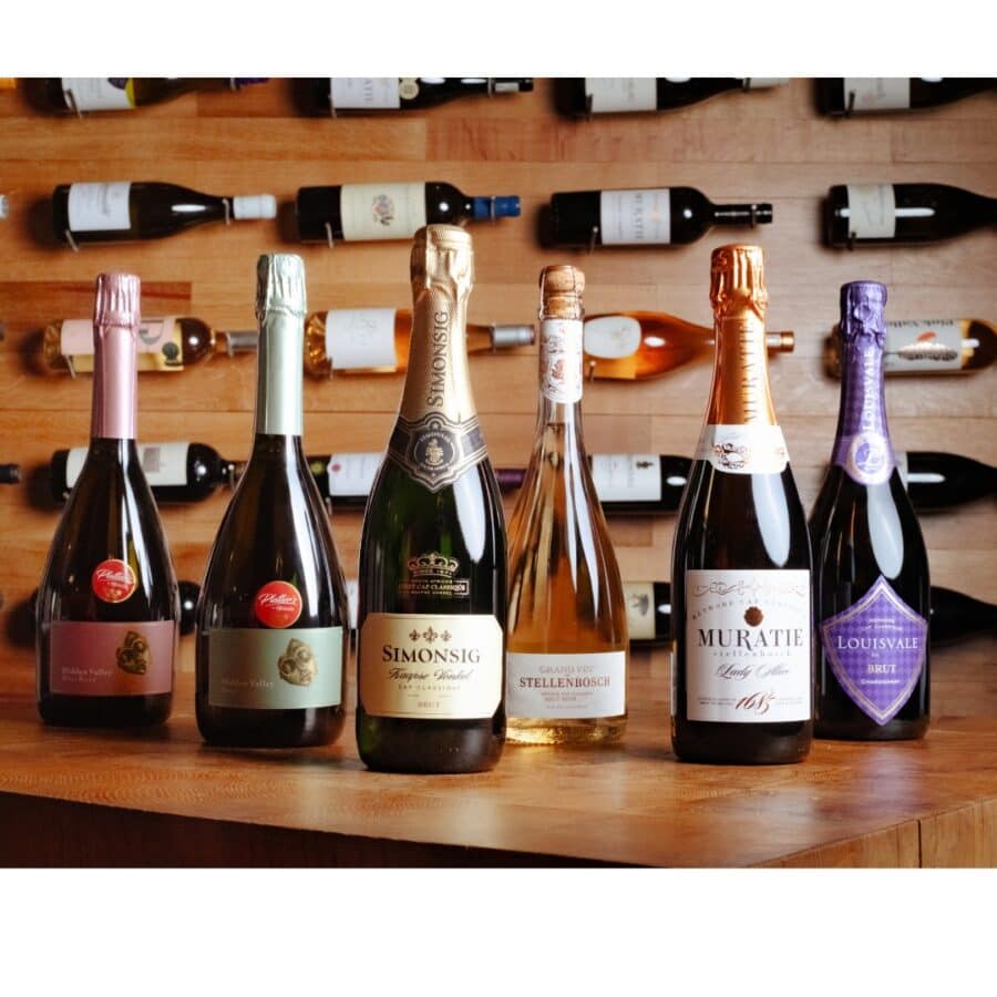 Assorted sparkling wines from Stellenbosch, including Simonsig and Muratie.