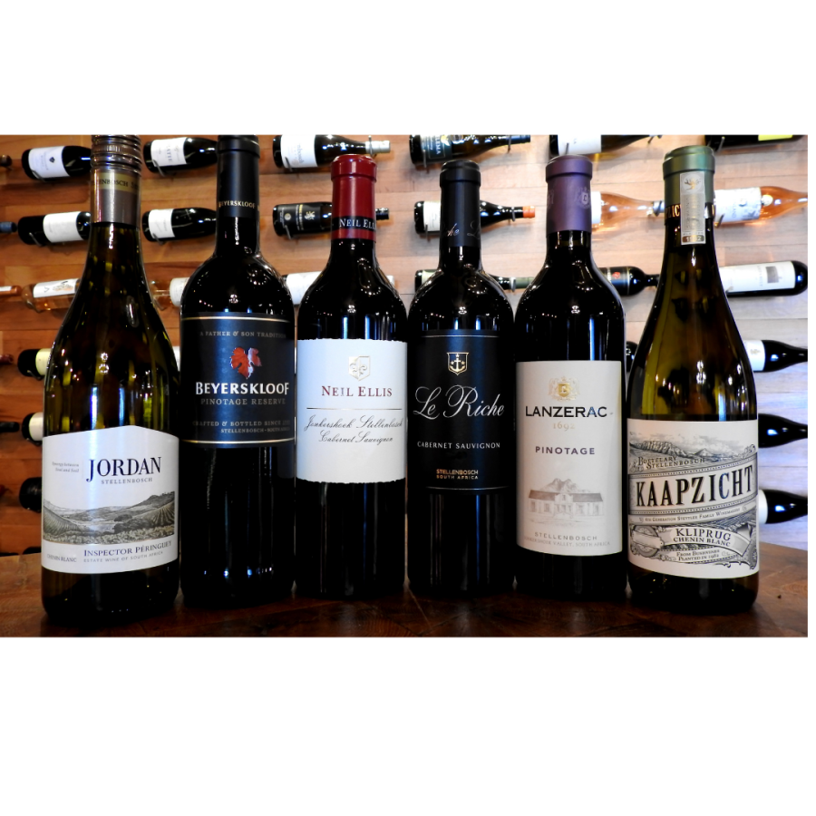 Taste of Stellenbosch featuring bottles of Pinotage, Cabernet Sauvignon and Chenin Blanc from Beyerskloof, Jordan, Lanzerac, Le Riche, Neil Ellis and Kaapzicht