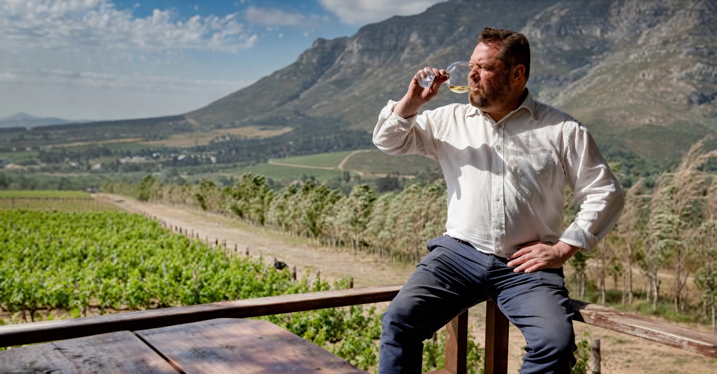 Andre Morgenthal enjoys wine amidst a vineyard with mountains