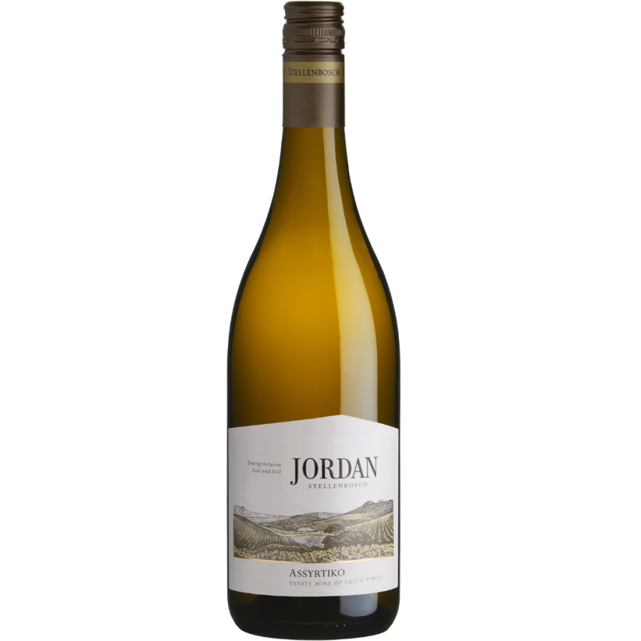 Jordan Assyrtiko 2025 wine bottle with white label on white background